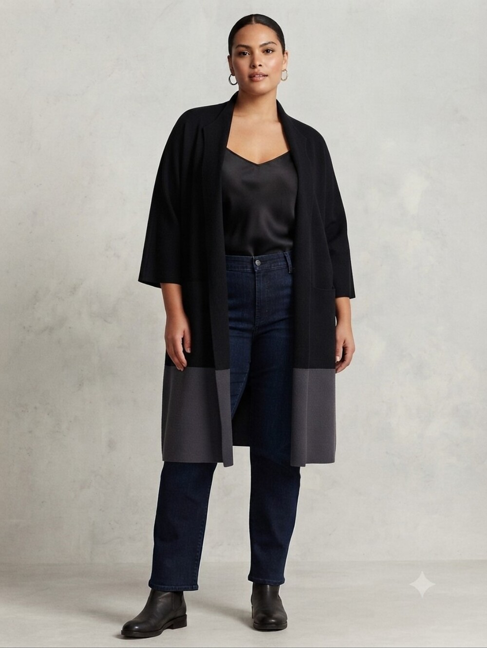 Eileen Fisher Open Front Colorblock Silk Blend  Kimono Cardigan Sz 3X Black Gray